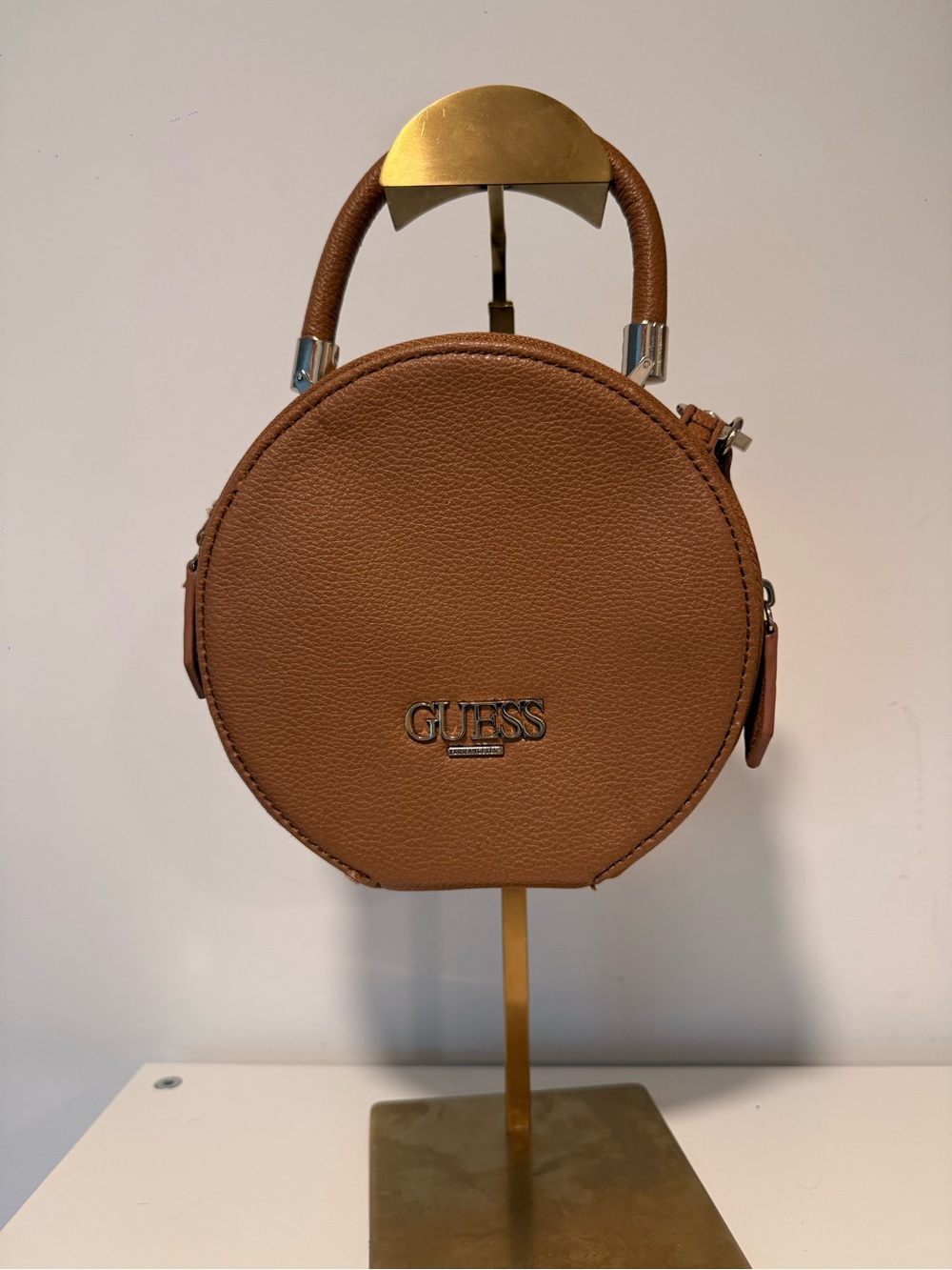 Guess Round Top-Handle Circle Bag in Cognac Brown